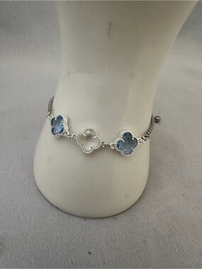 Blue Clover Link Bracelet - Silver Tone